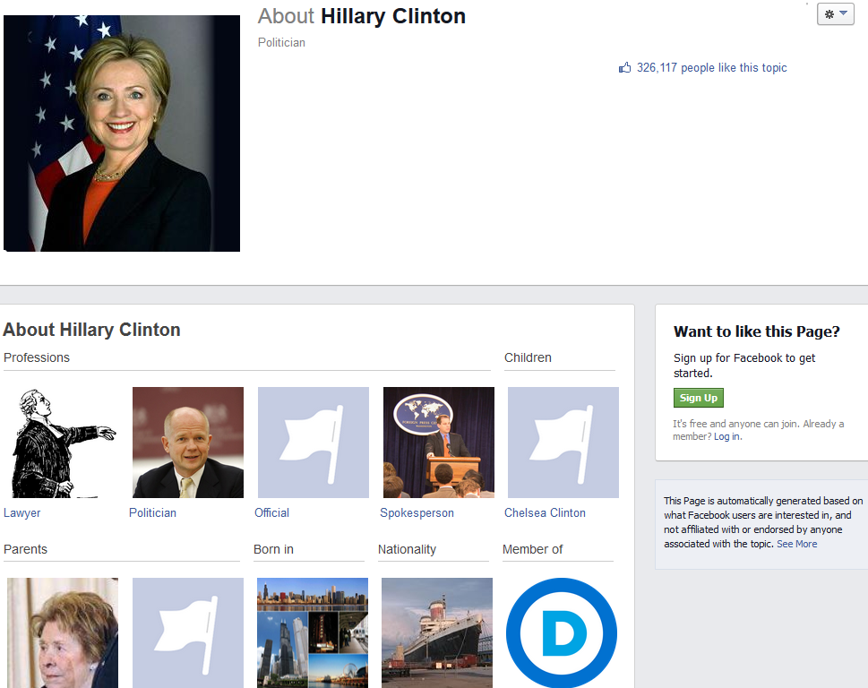 Hillary Clinton doesn't have a Facebook Hillary Clinton auto-generated Facebook page does not have