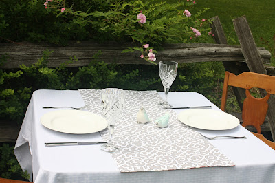 reversible gray/white and red/white trellis print table runner, extra wide and short