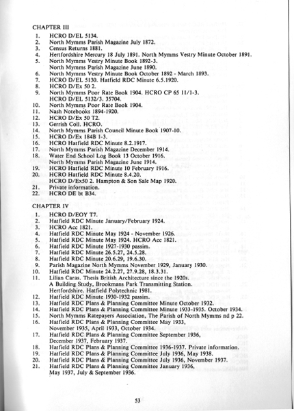 A scan of the bibliography and references pages of the book A Modern History Of Brookmans Park 1700-1950