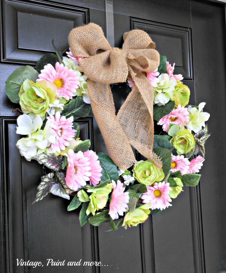 Vintage Paint and more.. Spring wreath DIY'd with faux flowers, grapevine wreath and burlap ribbon