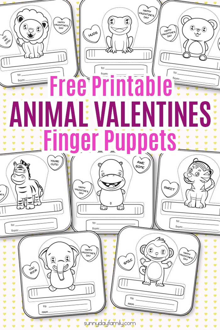 Adorable animal valentines that are perfect for preschoolers! These cute cards are ready for your kids to color then turn into fun finger puppets. Such a great non candy valentines day idea! #valentinesday #valentine #printablevalentines #printablesforkids