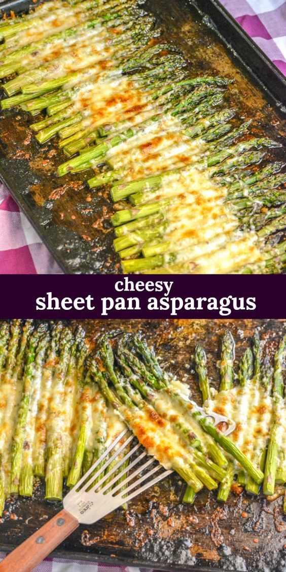 GARLIC ROASTED CHEESY SHEET PAN ASPARAGUS | An easy sìde dìsh, thìs roasted garlìc asparagus ìs cooked on a sìngle sheet pan wìth a cheesy toppìng. #recipes #cheesy #breakfast #garlic #food #asparagus