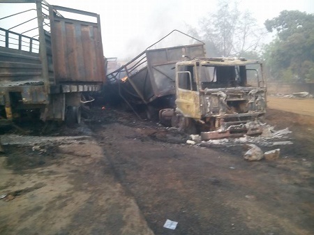 Tragic Accident as Multiple Trailers Crash and Burn Along Oyo-Ogbomosho Expressway (Photos)