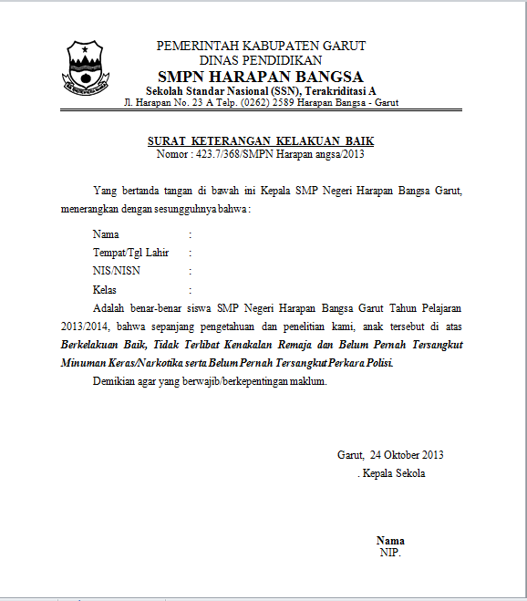 Contoh Surat Kelakuan Baik Dari Sekolah Smk.Contoh Surat 