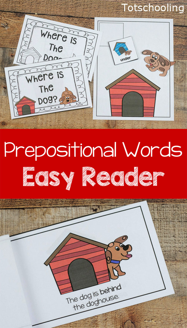 FREE printable Dog themed Prepositional words activity and emergent reader book. Great for kids to learn prepositions and positional words, as well as a cute easy book for beginning readers.
