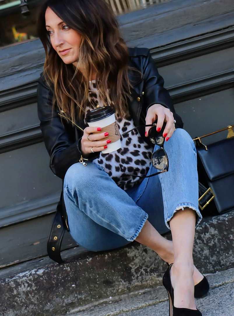 amazing outfit idea to copy this season / heels + jeans + black biker jacket + leopard blouse