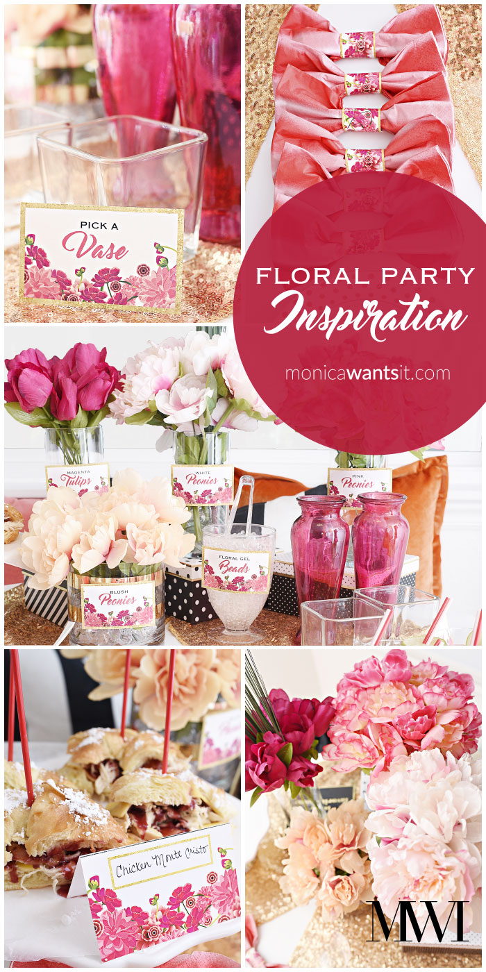 Get inspiration, decor ideas, free printables, recipes and more in this gorgeous pink and gold floral arranging party plan via monicawantsit.com