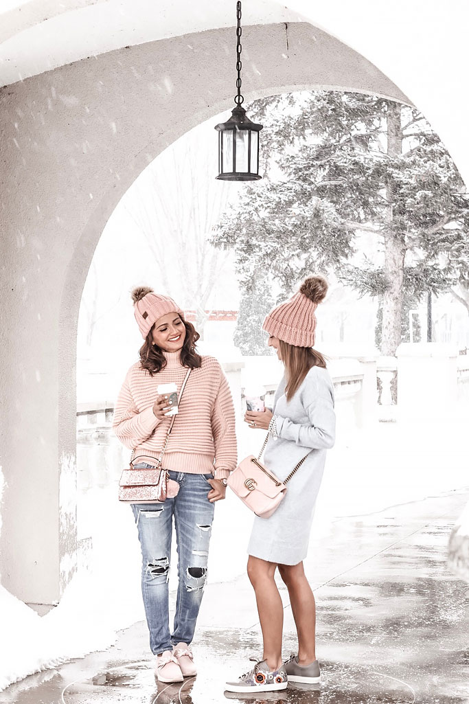 Pink hat, Pink H&M cable knit sweater, blush pink satin bow skechers