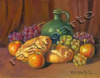 Bodegón con vasija vidriada, uvas, manzanas y panes