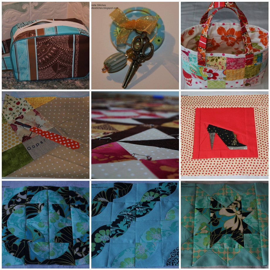 Nine photos of sewing projects completed in March, an oilcloth washbag, button brooch, fabric basket, And Sew On BOM block, basted quilt, paper-pieced shoe block, three blocks for the Craftsy BOM