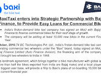 Baxi Taxi enters into Strategic Partnership with Bajaj Finance, to Provide Easy Loans for Commercial Bikes