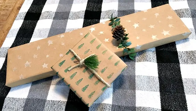 stenciled gift wrapping with trees