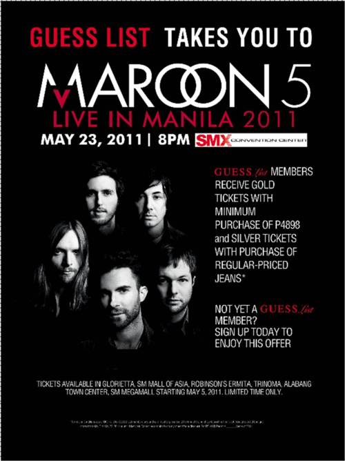 GUESS LIST TAKES YOU TO MAROON 5 LIVE IN MANILA, MAROON 5 LIVE IN MANILA, picture, photo, image, billboard, poster