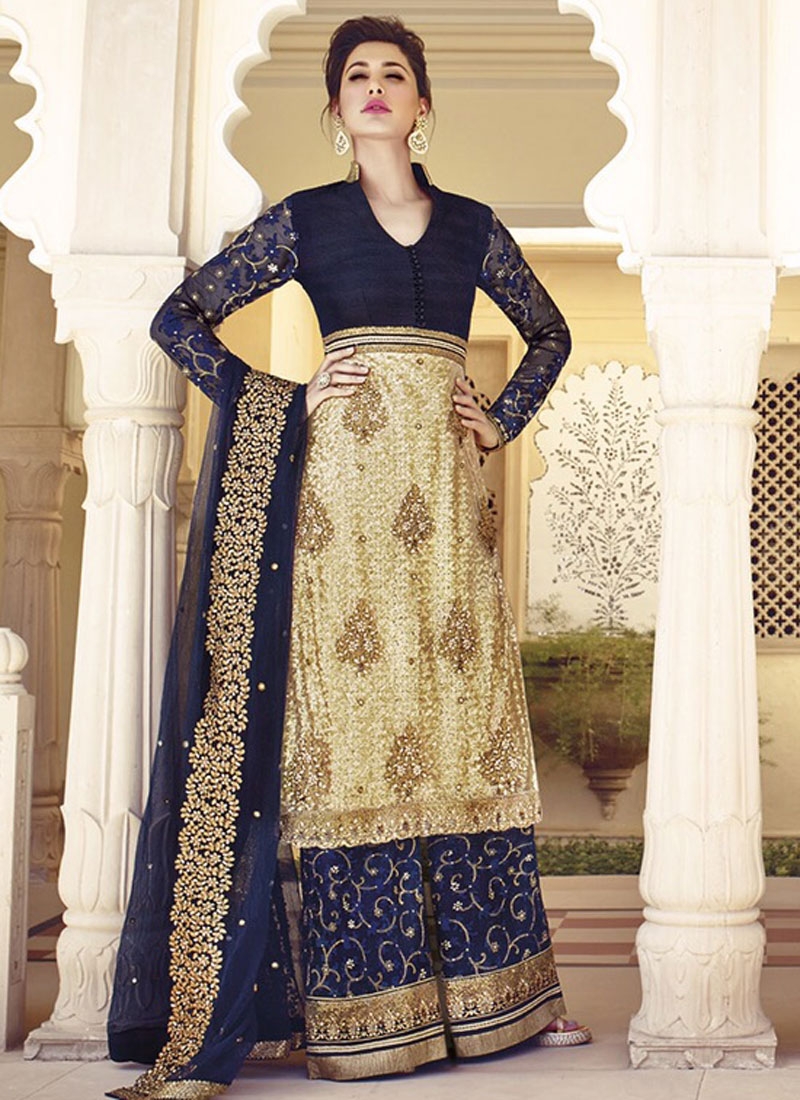 NARGIS FAKHRI IN BLUE AND BEIGE EMBROIDERED ZARI WORK PALAZZO SUIT