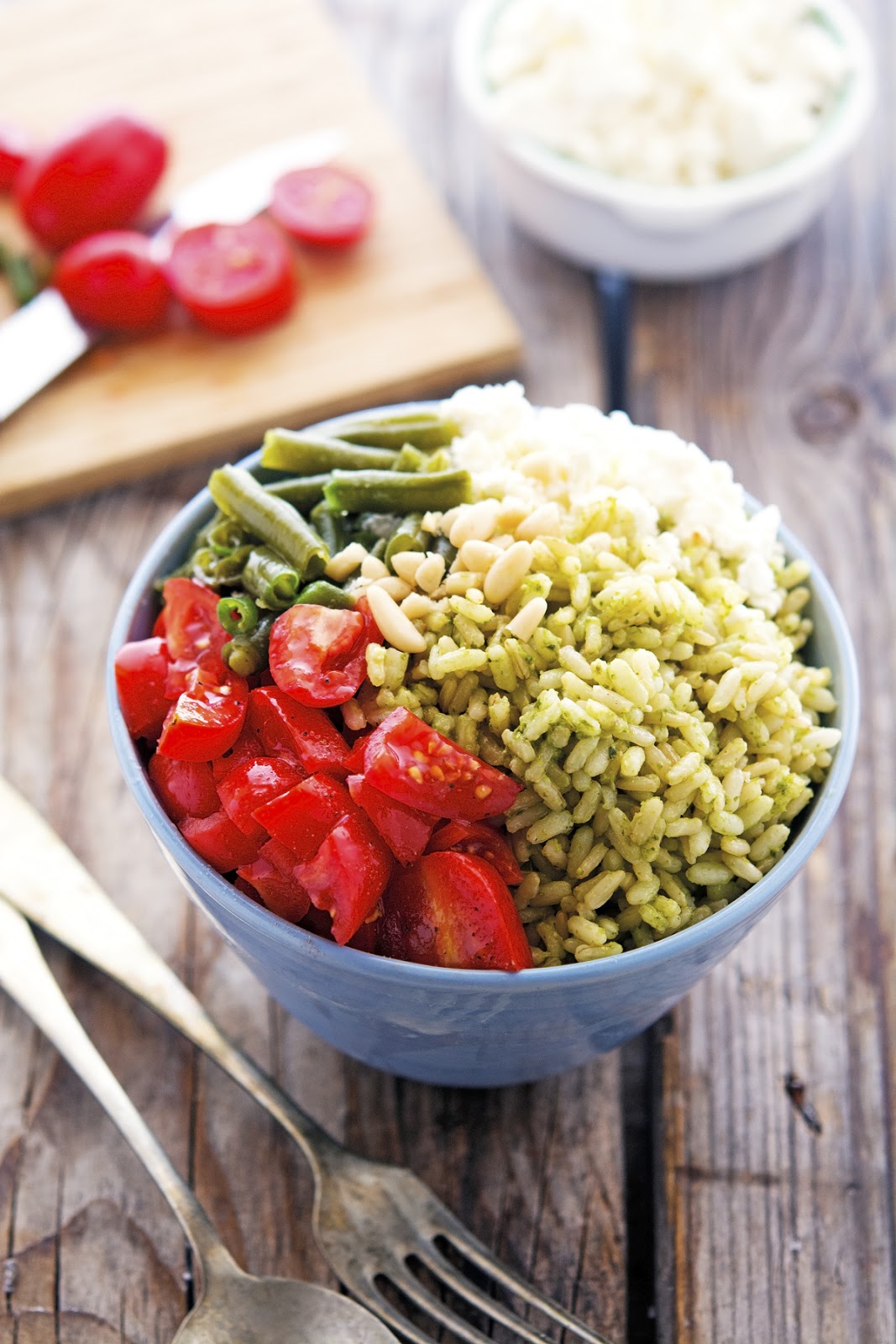 Pesto Rice Salad Bowls with Tomatoes, Green Beans and Feta