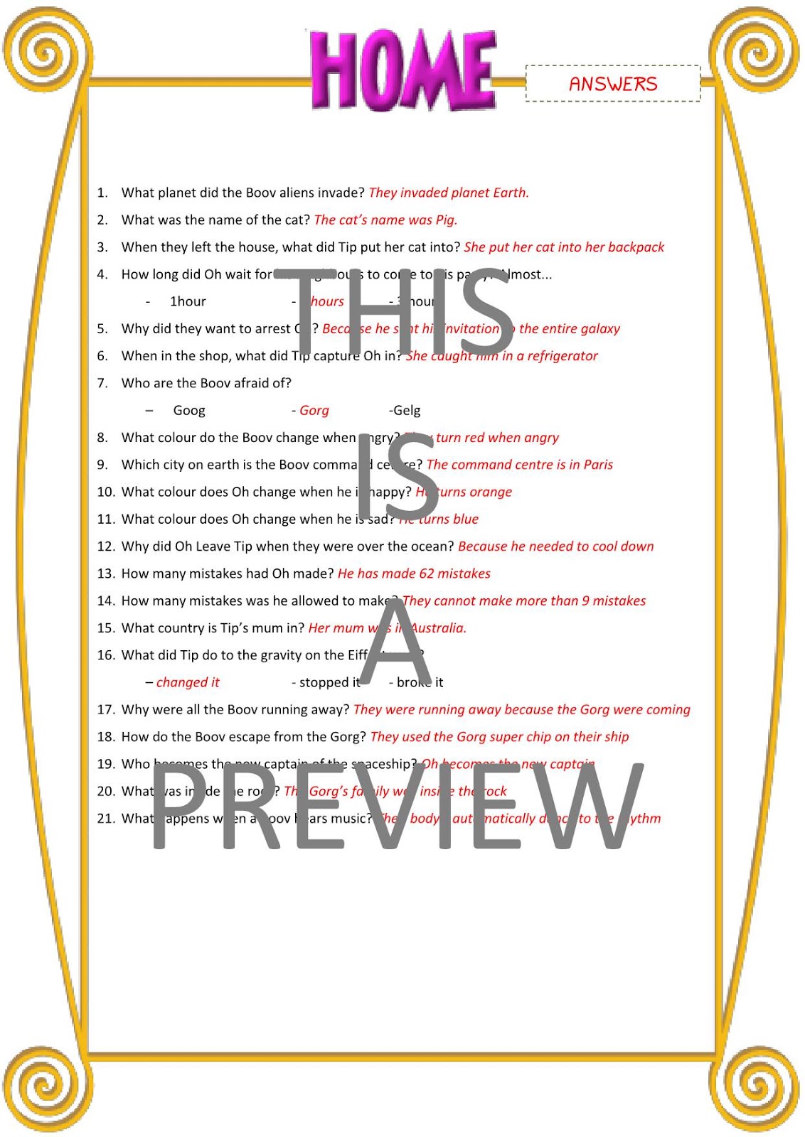 Home (2015) Movie Comprehension Questions Answer Key Included