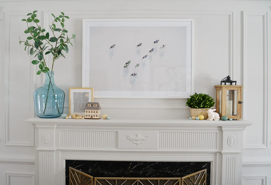 fireplace mantel decor ideas, spring mantel decor, how to decorate your fireplace mantel, fireplace greenery