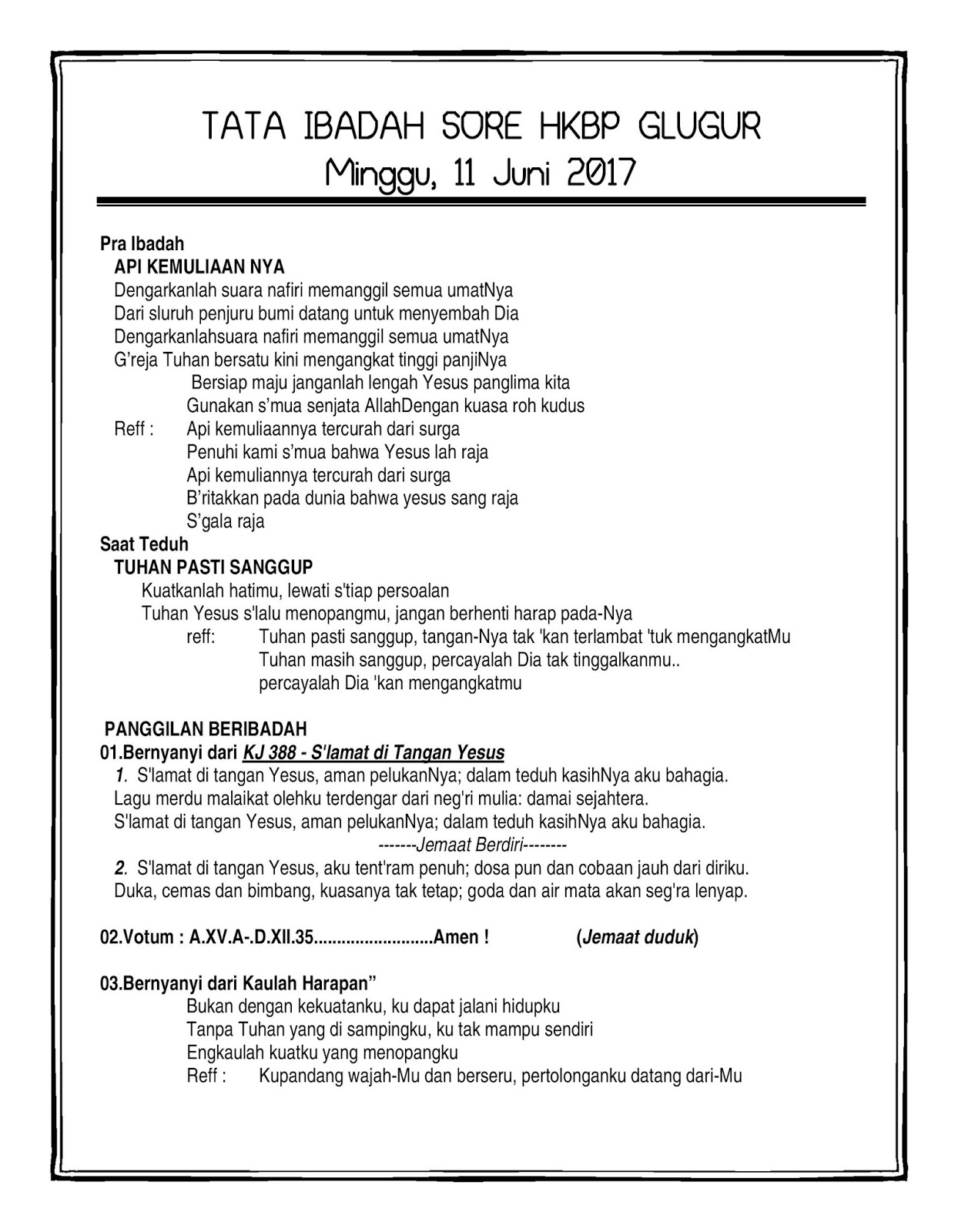 Tata Ibadah Sore 11 Juni 2017 HKBP GLUGUR RESSORT MEDAN Tata Ibadah Sore 11 Juni 2017 HKBP GLUGUR RESSORT MEDAN