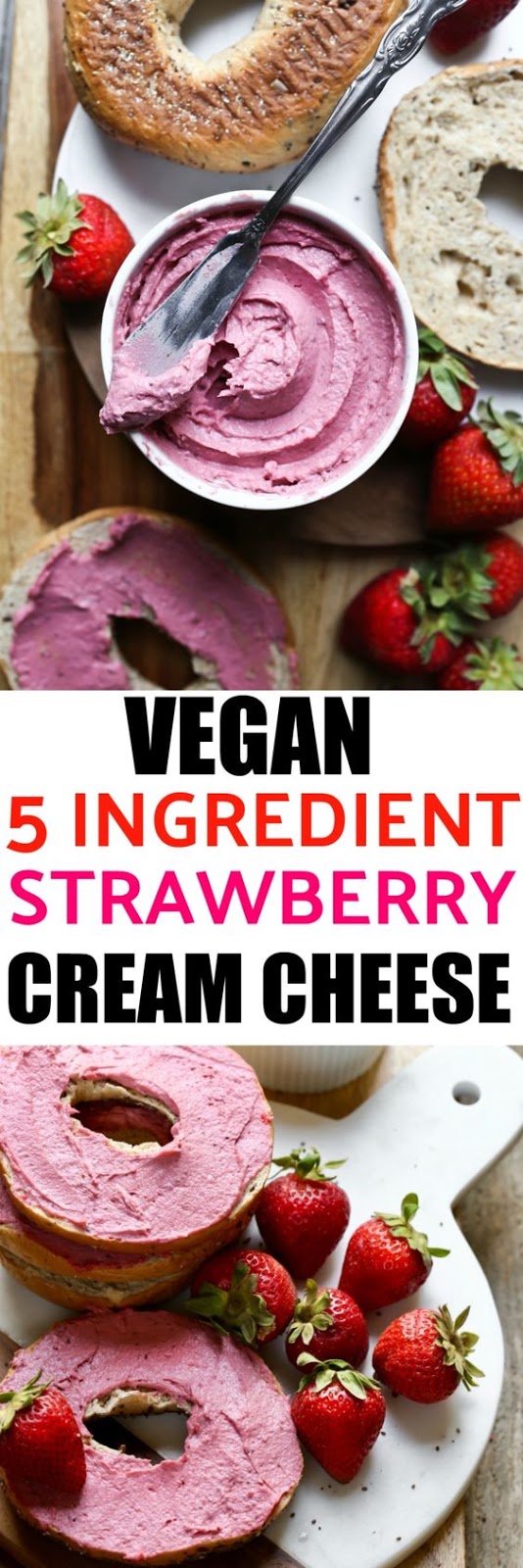 Vegan Strawberry Cream Cheese that is just 5 ingredients, takes 10 minutes to make and is incredibly rich in flavor! Made from freeze-dried strawberries, cashew butter, yogurt and lemon juice. You will love this thick, creamy and firm dairy-free cream cheese!