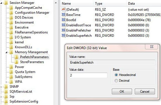 enablesuperfetch windows 7 registry