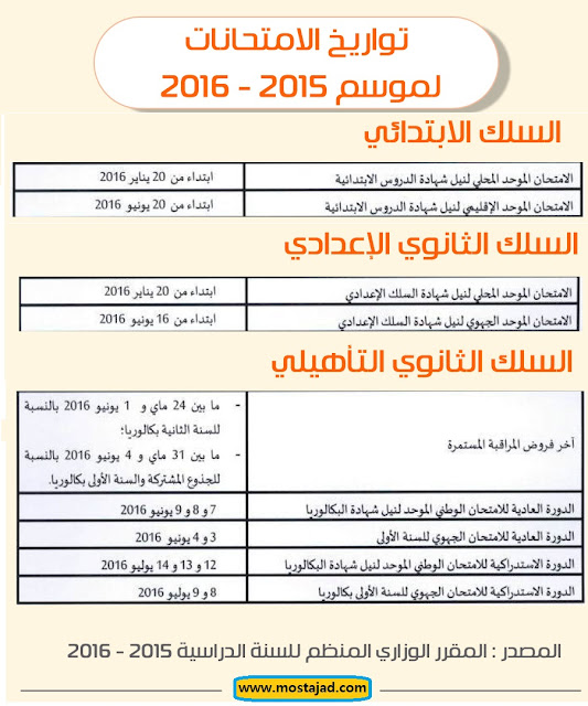 مواعيد الإمتحانات الإشهادية للموسم الدراسي 2015 - 2016 جميع الأسلاك