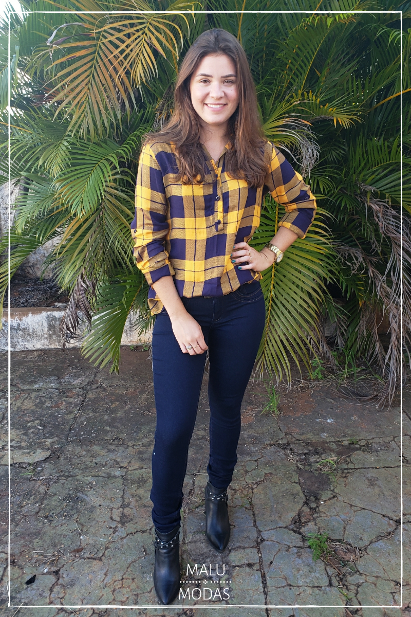 camisa xadrez amarela feminina