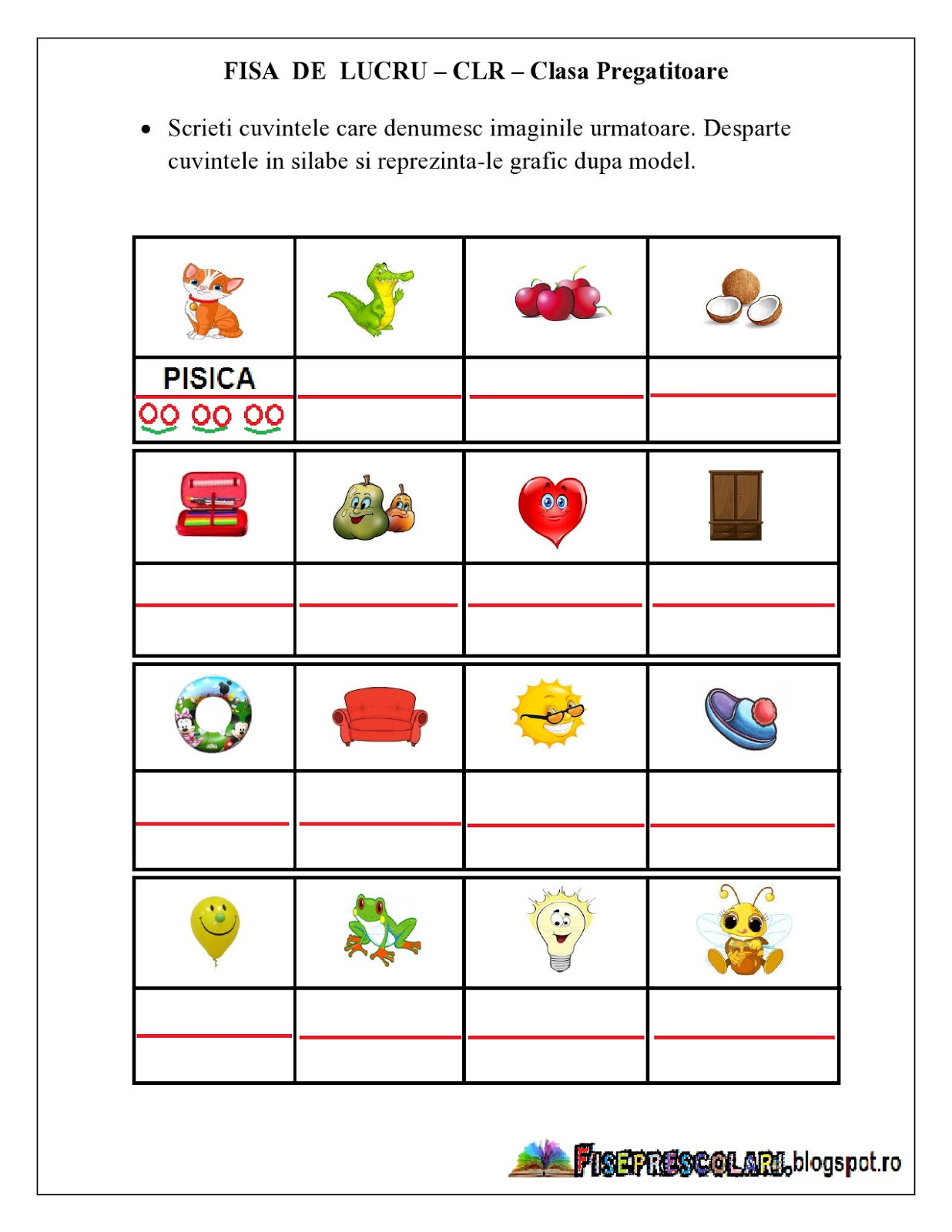 FISA De Lucru CLR Clasa Pregatitoare Despartirea Cuvintelor In 