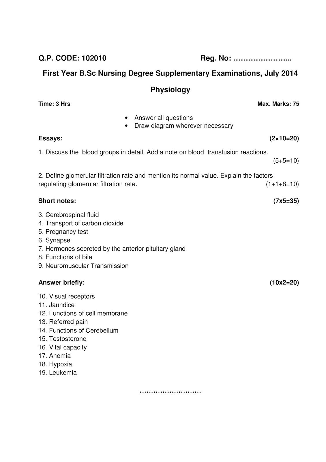KUHS PREVIOUS QUESTION PAPER PHYSIOLOGY