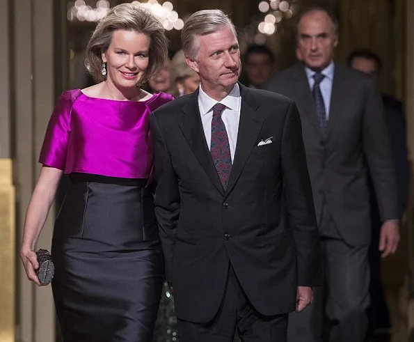 Queen Mathilde and King Philippe, Prince Lorenz and Princes Astrid of Belgium at Autumn Concert 2016 Queen Mathilde wore Natan dress Prada clutch bag