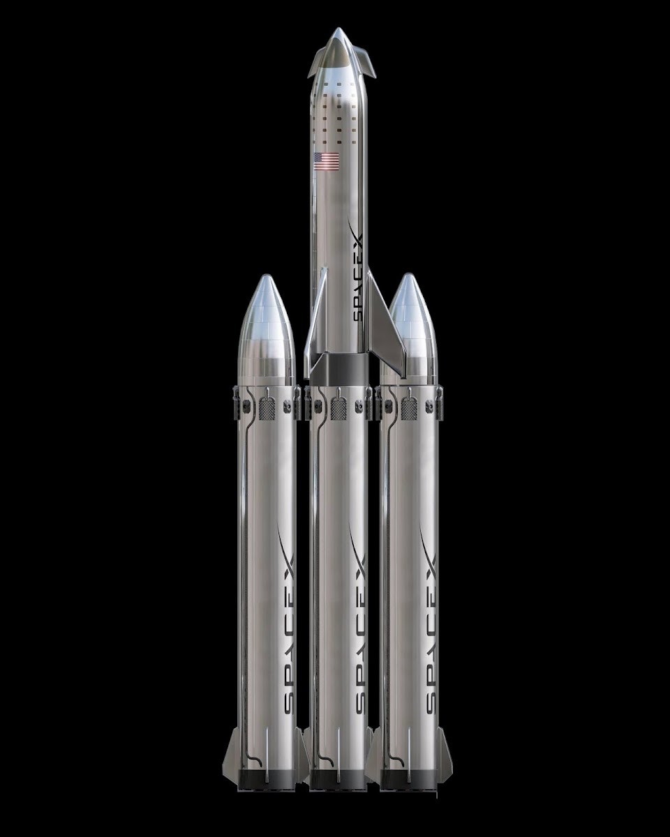 SpaceX Super Heavy Starship with additional two side boosters human Mars