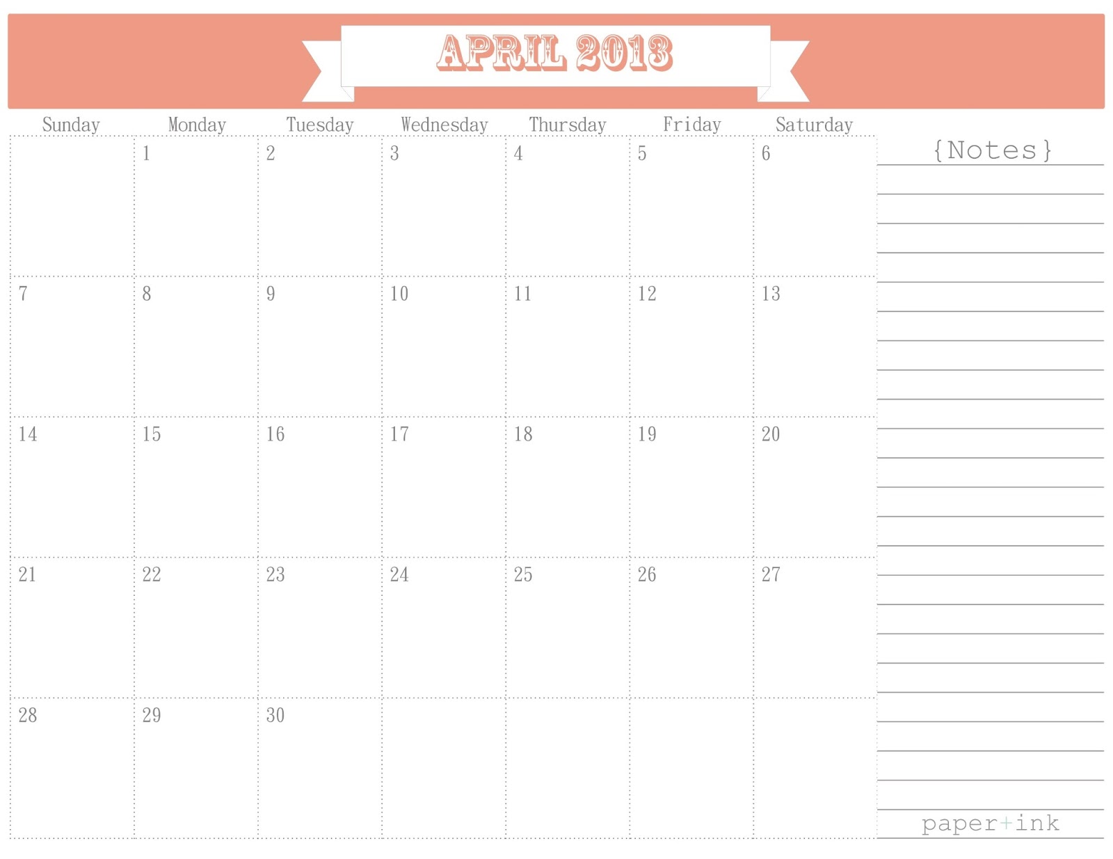Free Printable Calendar: April 2013