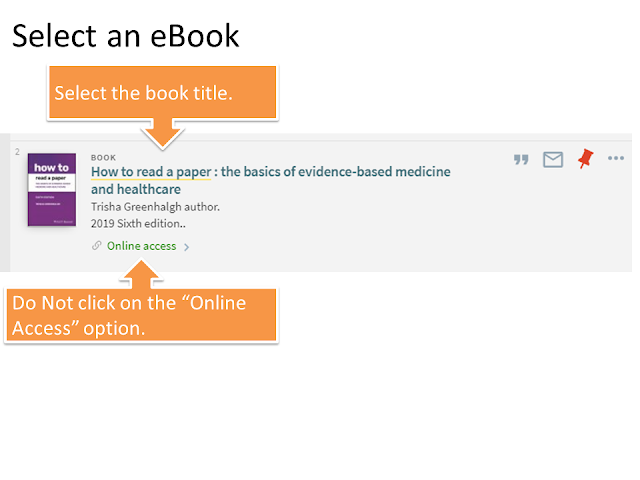 Screen-shot of an ebook entry on Library Search for the title How to read a paper