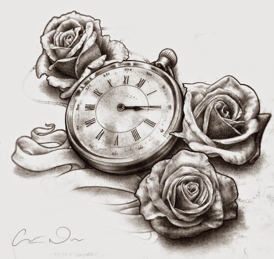 Tattoo Design Clock and Roses Tattoo Design Sketch