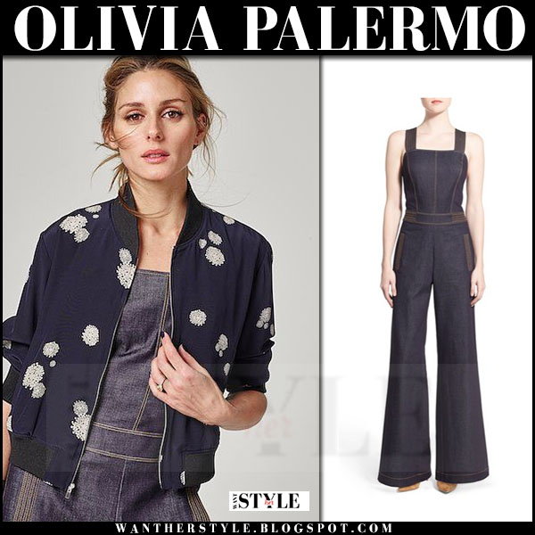 Olivia Palermo in blue bomber jacket and denim jumpsuit Chelsea28