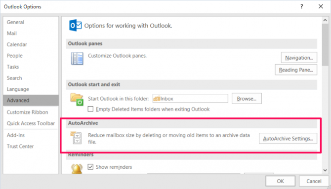 Cara Mengarsip Mail di Outlook 2016 Dibagian Advanced, Klik tombol AutoArchice Settings...