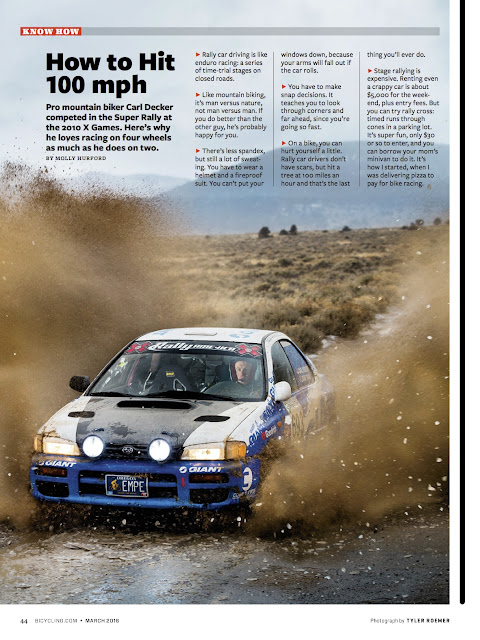 Carl Decker plows through a icy puddle with his Subaru rally car. 