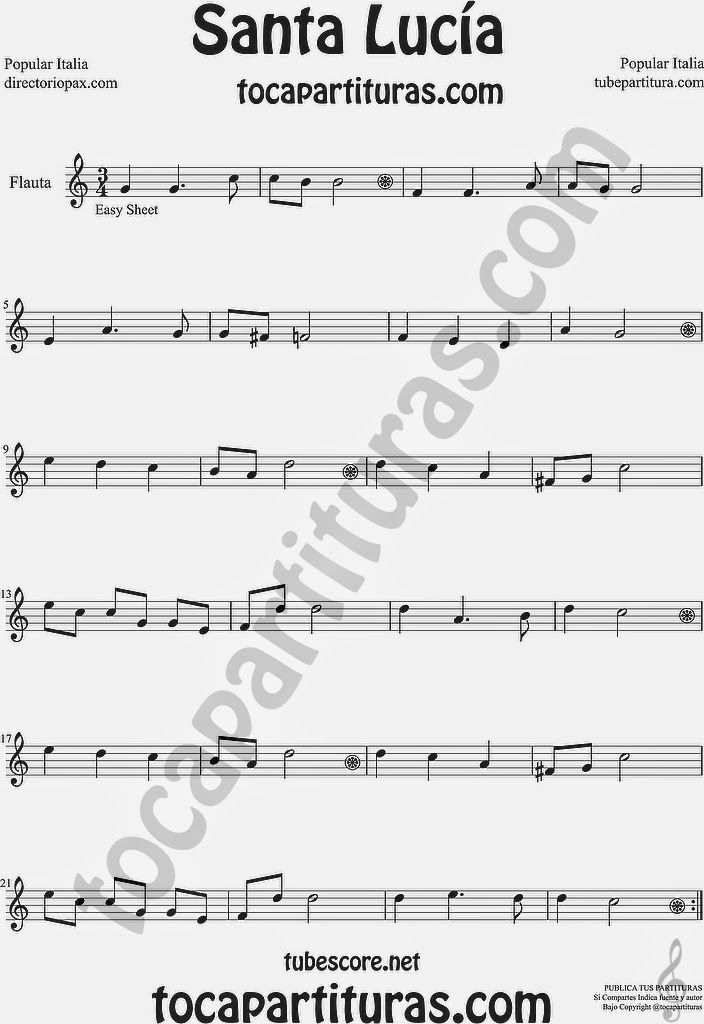 Santa Lucía Partitura de Flauta Travesera, flauta dulce y flauta de pico Sheet Music for Flute and Recorder Music Scores Popular Italiana