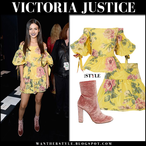 Victoria Justice in yellow floral print off shoulder top and matching