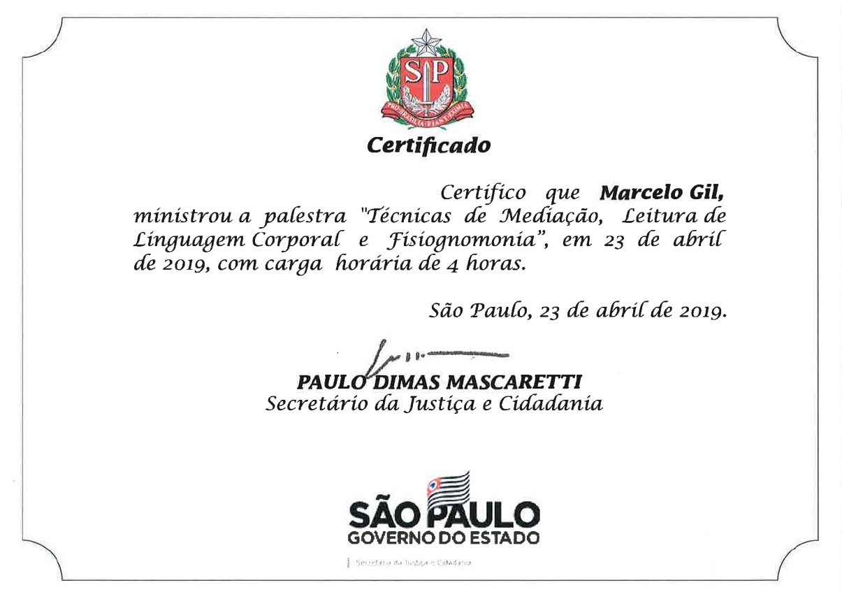 CERTIFICADO DA PALESTRA "TÉCNICAS DE MEDIAÇÃO, LEITURA CORPORAL E FISIOGNOMONIA" / 2019