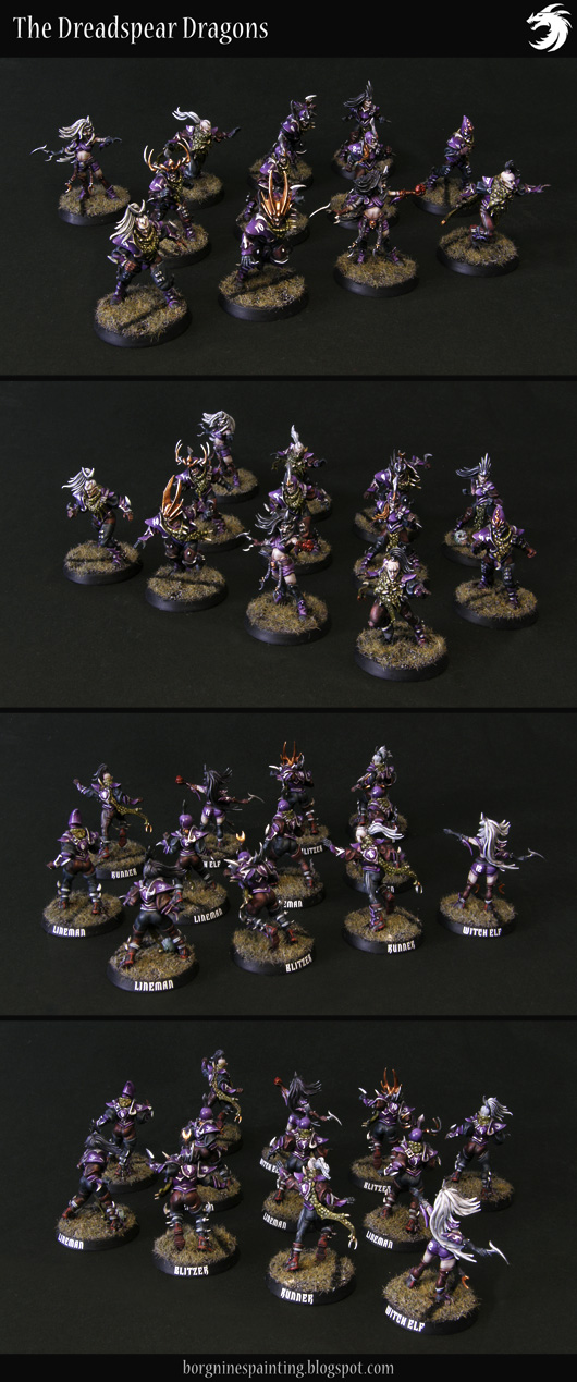 Photo compilation showing a whole 12-model Dark Elf team for Blood Bowl, in a purple color scheme, with silver trims, dark clothes and pale skin.