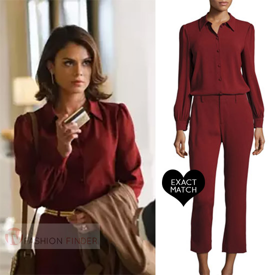Cristal Flores in burgundy red blouse and pants on Dynasty season 1 ...