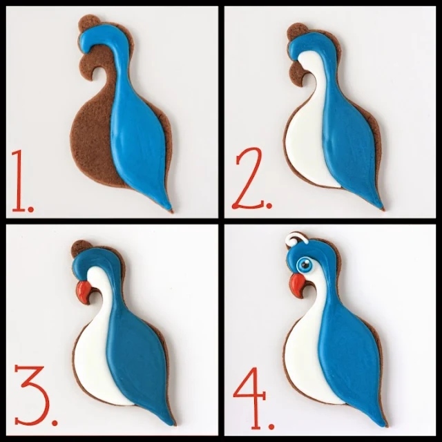 step by step instructions for decorating a partridge sugar cookie
