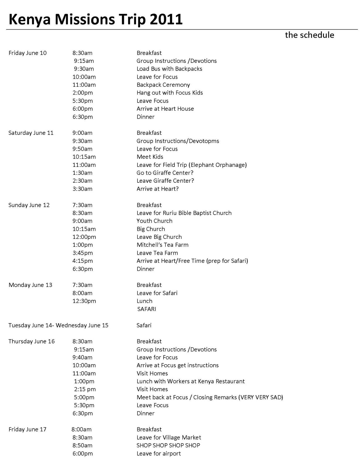 Kenya 2011 Packing List and Schedule