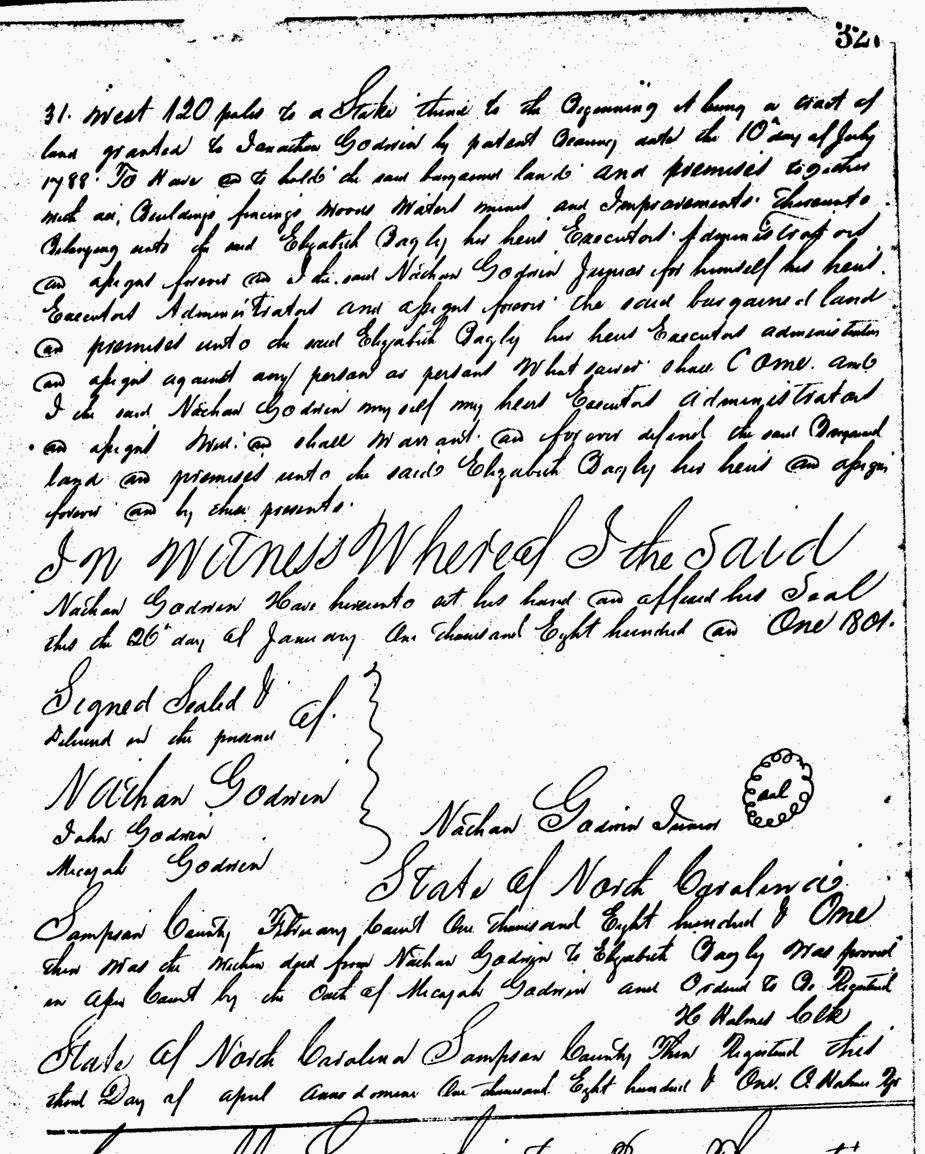 Deed Nathan Godwin to Elizabeth Bagley Sampson County NC 1801-2
