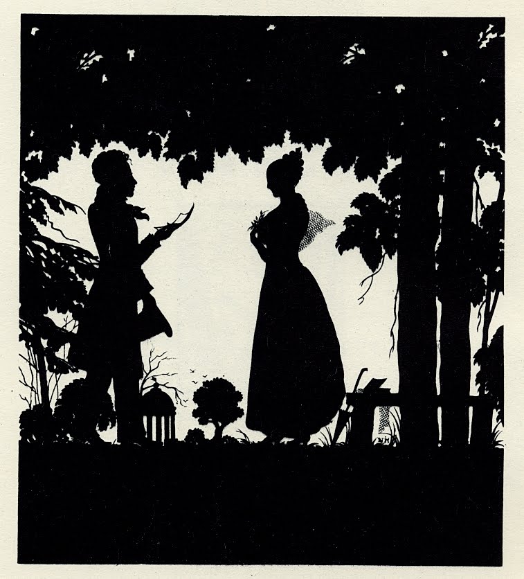 silhouette in profile of man reading to woman in forest