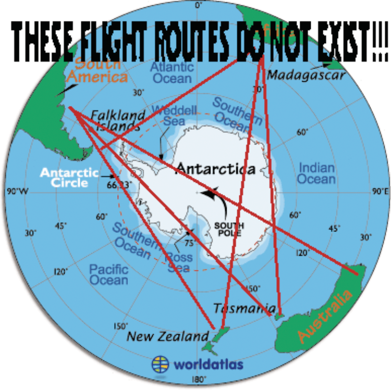 note that the routes were clearly chosen so that they would cross antarctica and they ignore shorter actual airline routes that go to and from the places