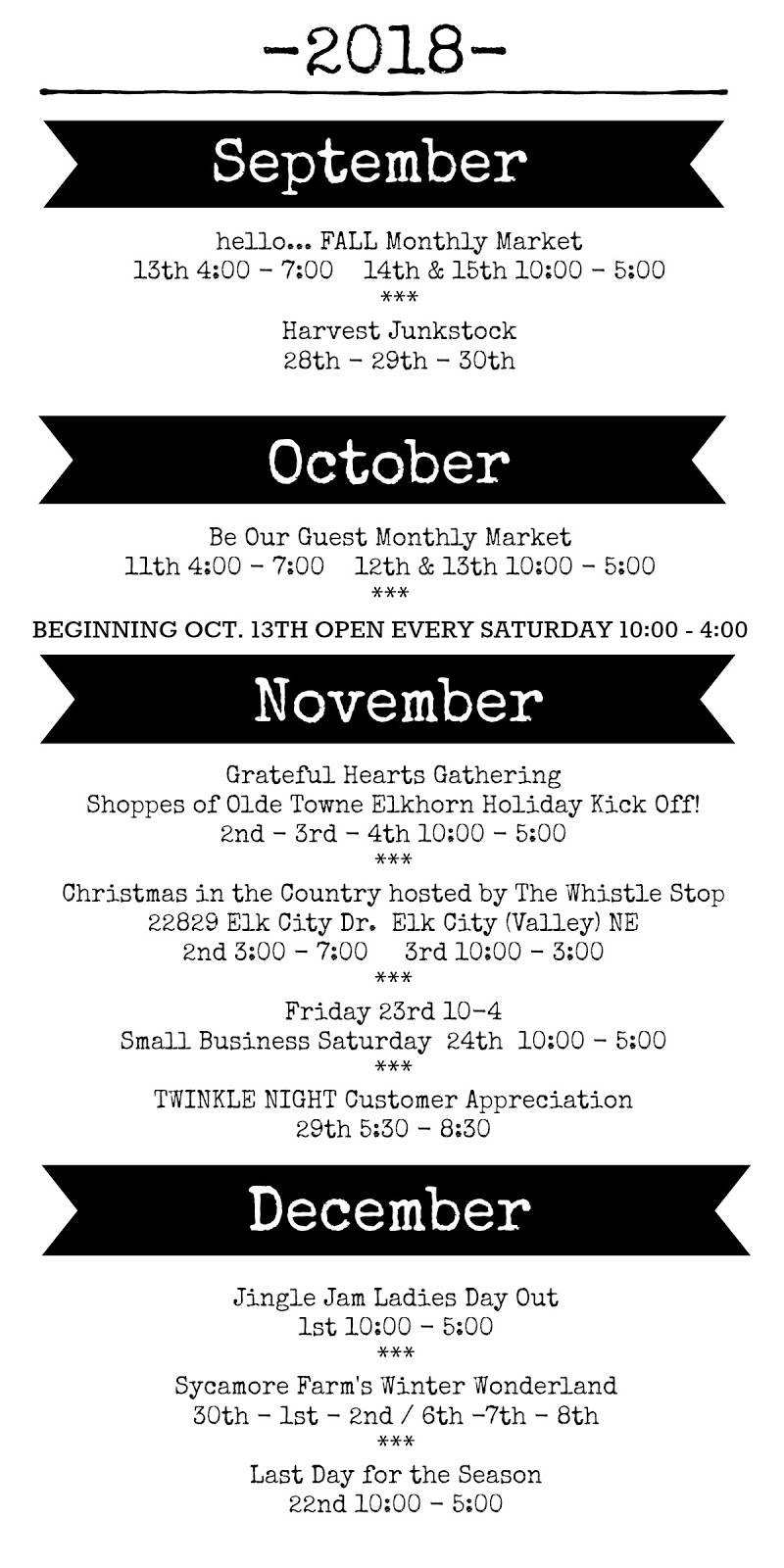 The Whistle Stop calendar