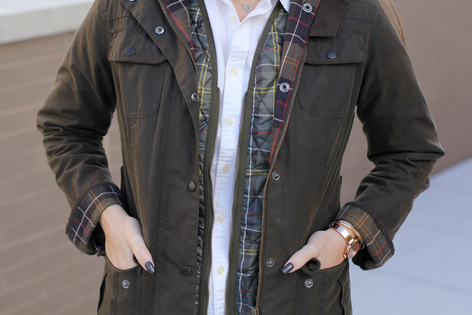 Barbour Waxed Utility Jacket and Barbour Tartan Quilted Vest, NYC Rooftop