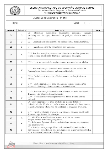 prova de matematica 6 ano