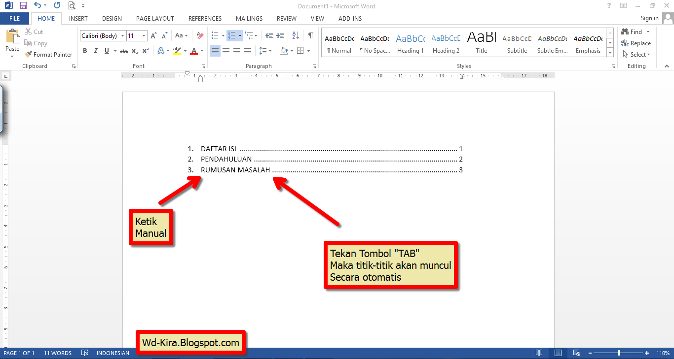 Cara membuat Titik-titik daftar isi pada Microsoft Word terbaru - WD-Kira